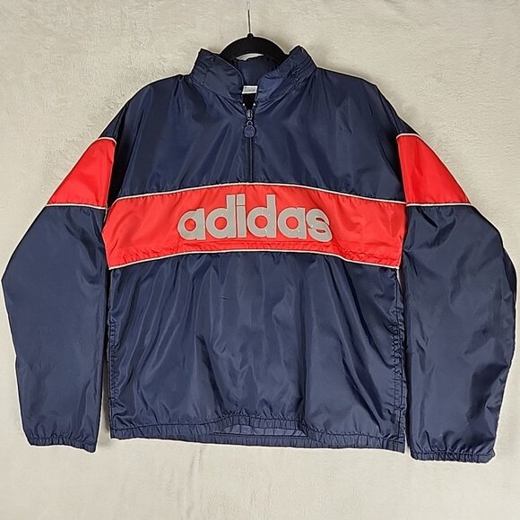 Vintage 90s Adidas Windbreaker Jacket Small Nylon 1/4 Zip Reflective Blue Red - Picture 1 of 16